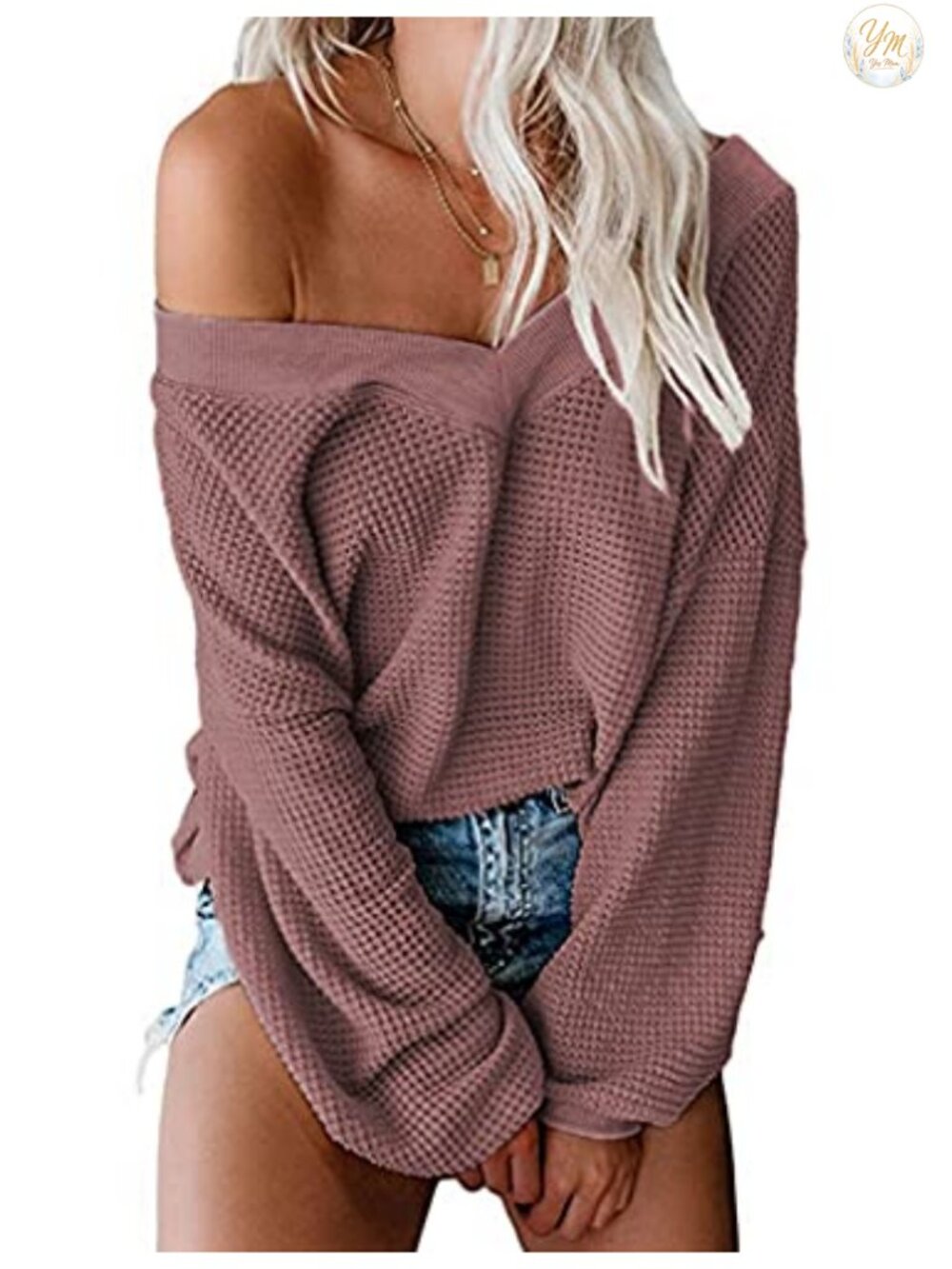 Waffle Knit Long Sleeve V-Neck Off Shoulder Pullover Sweater Oversized